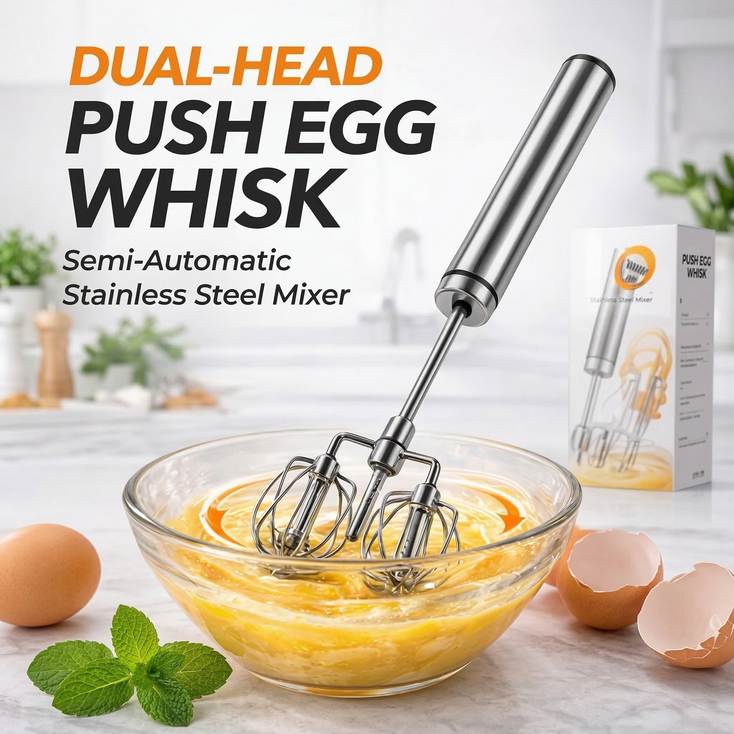 🥚 Dual-Head Push Egg Whisk – Stainless Steel Semi-Automatic Mixer for Eggs, Batter & Cream