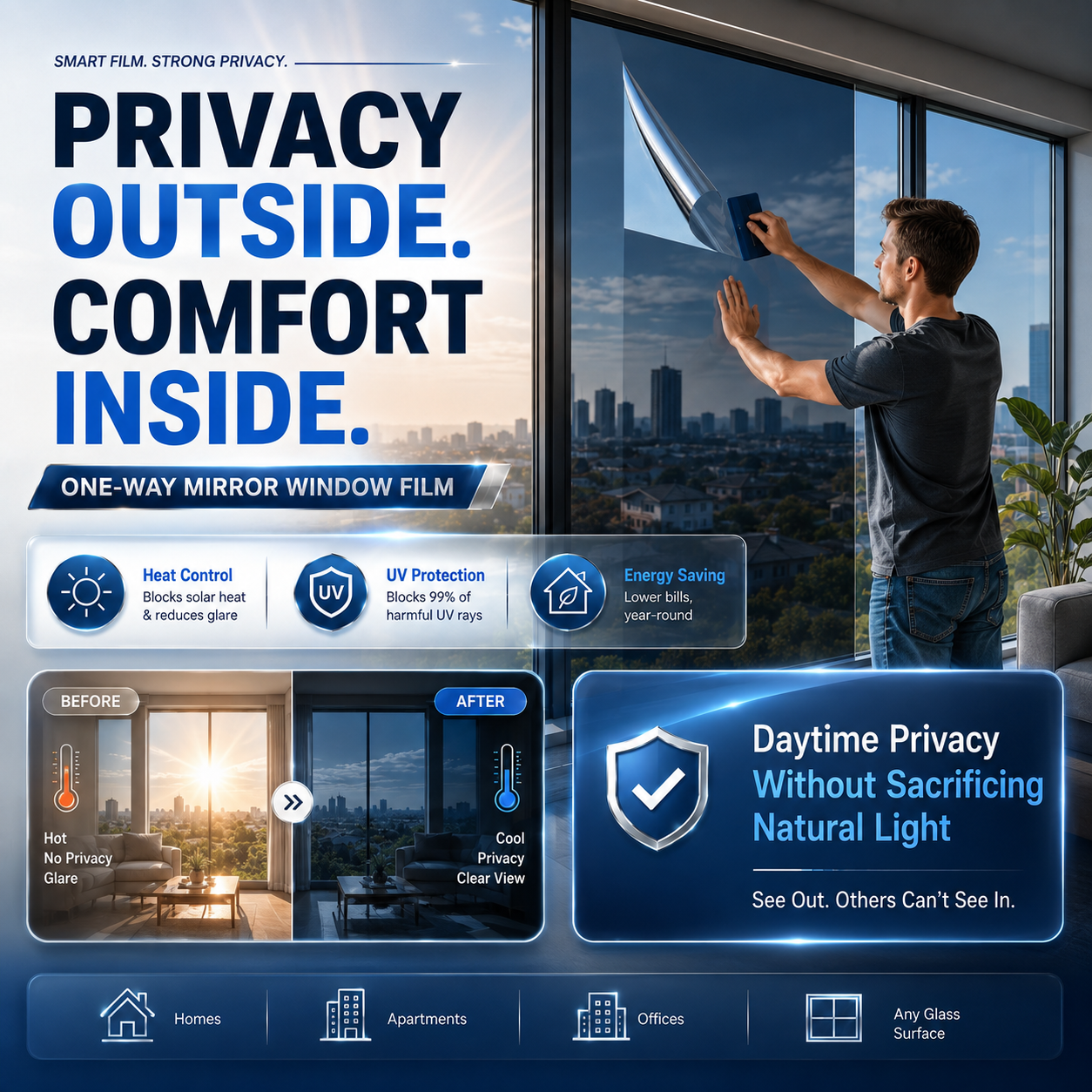 𝑶𝒇𝒇𝒊𝒄𝒊𝒂𝒍 𝑺𝒕𝒐𝒓𝒆  |🪟☀️ One-Way Mirror Window Film – Stay Cooler, Enjoy Daytime Privacy & Block UV Rays