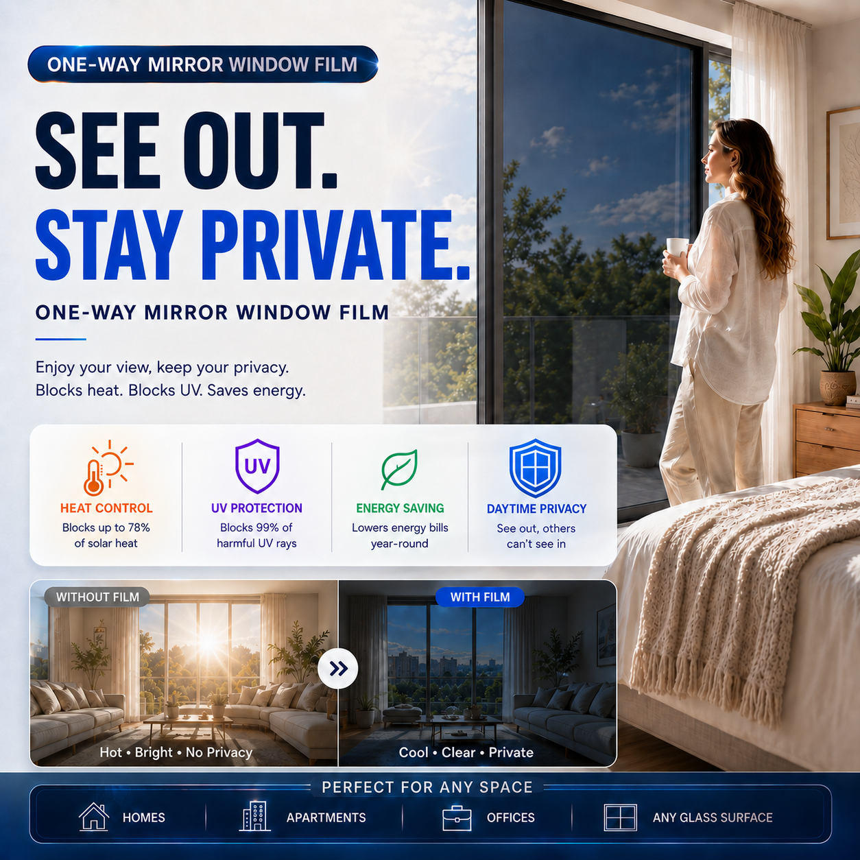 𝑶𝒇𝒇𝒊𝒄𝒊𝒂𝒍 𝑺𝒕𝒐𝒓𝒆  |🪟☀️ One-Way Mirror Window Film – Stay Cooler, Enjoy Daytime Privacy & Block UV Rays