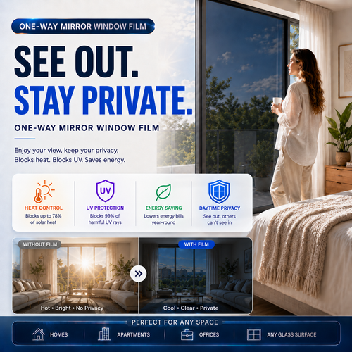 𝑶𝒇𝒇𝒊𝒄𝒊𝒂𝒍 𝑺𝒕𝒐𝒓𝒆  |🪟☀️ One-Way Mirror Window Film – Stay Cooler, Enjoy Daytime Privacy & Block UV Rays