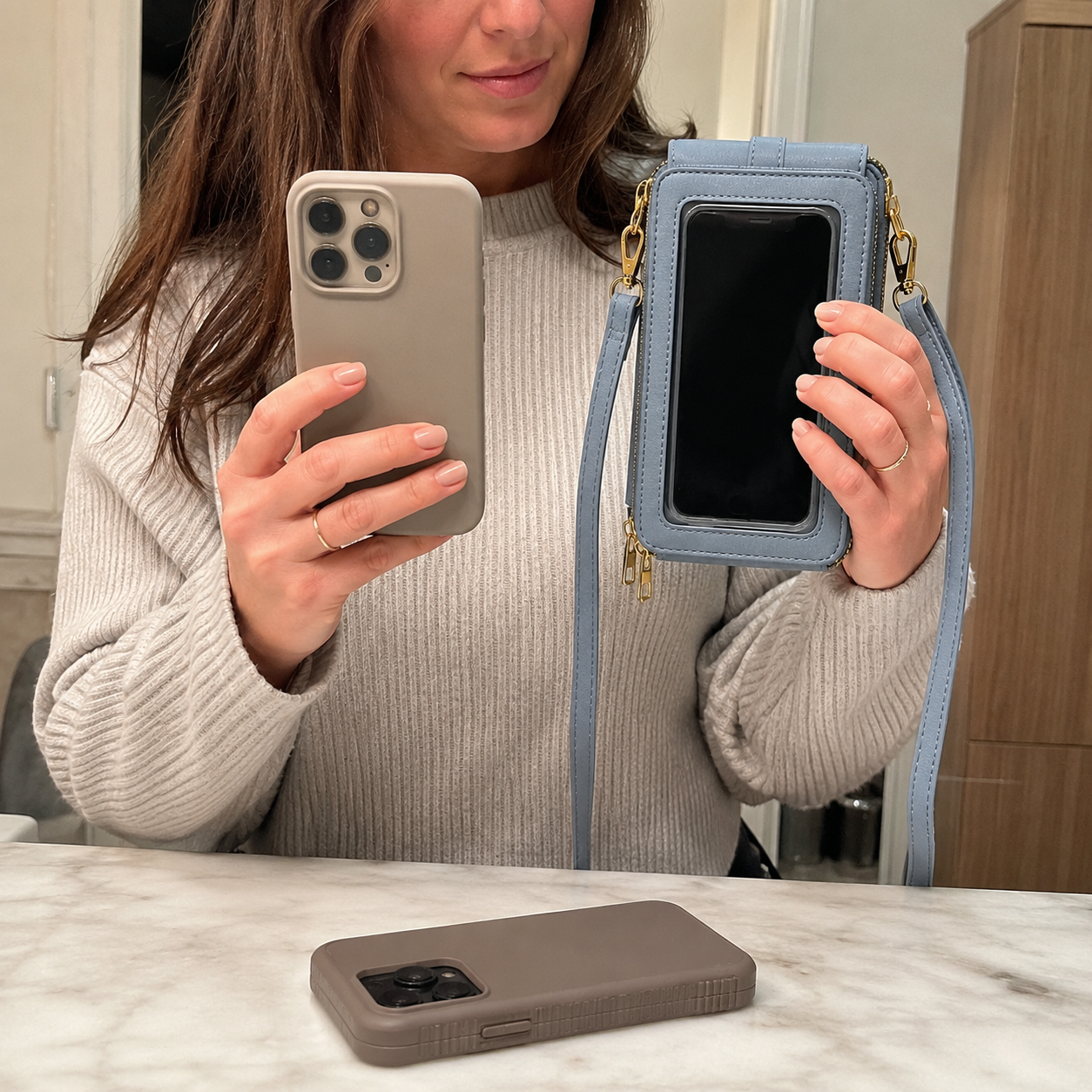 Nectavira Dusty Blue lifestyle image — Phone fit note