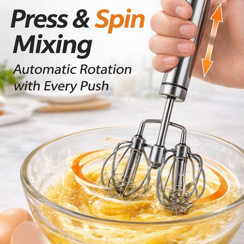 🥚 Dual-Head Push Egg Whisk – Stainless Steel Semi-Automatic Mixer for Eggs, Batter & Cream