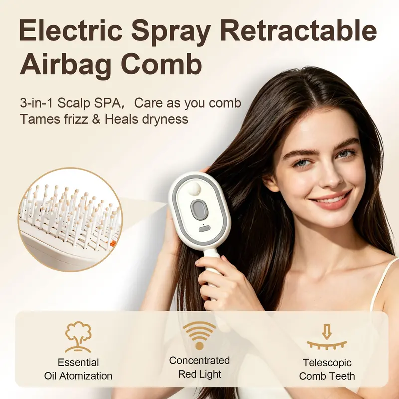 Nectavira® 🔥 3-in-1 Electric Air Cushion Massage Comb with Mist Spray, Self-Cleaning Steam and Essential Oil Function, Rechargeable Scalp Massage Brush✨✨