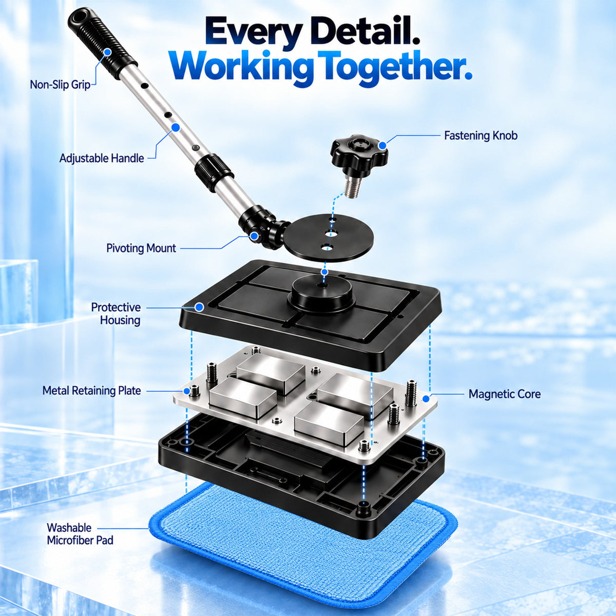 All-In-One Magnetic Glass Cleaner — Dual-Side Cleaning, Washable Pads & Versatile Home and Car Use | One Kit. Cleaner Glass. Less Effort. 💎