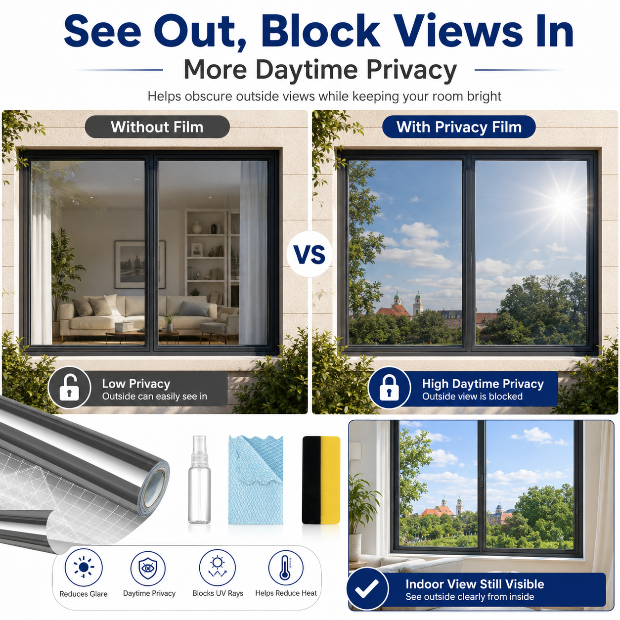 ☀️50% OFF Today - Reflective Window Privacy Film| Daytime Mirror Window Tint for Heat Control, UV Protection, Home, Office & Car Glass