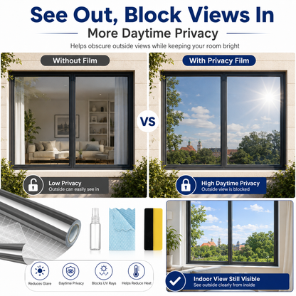 ☀️50% OFF Today - Reflective Window Privacy Film| Daytime Mirror Window Tint for Heat Control, UV Protection, Home, Office & Car Glass