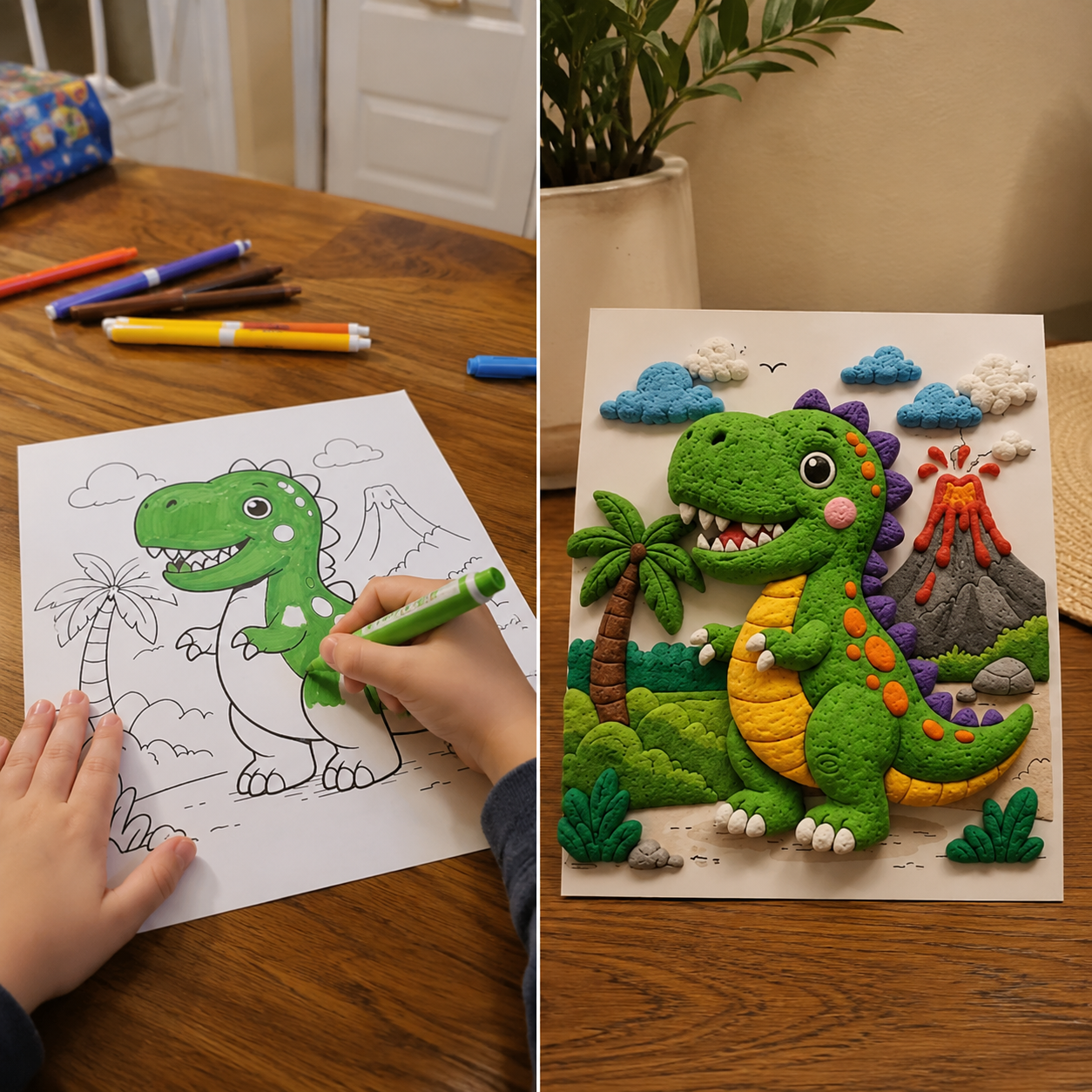 3D dinosaur coloring and completed dinosaur art project