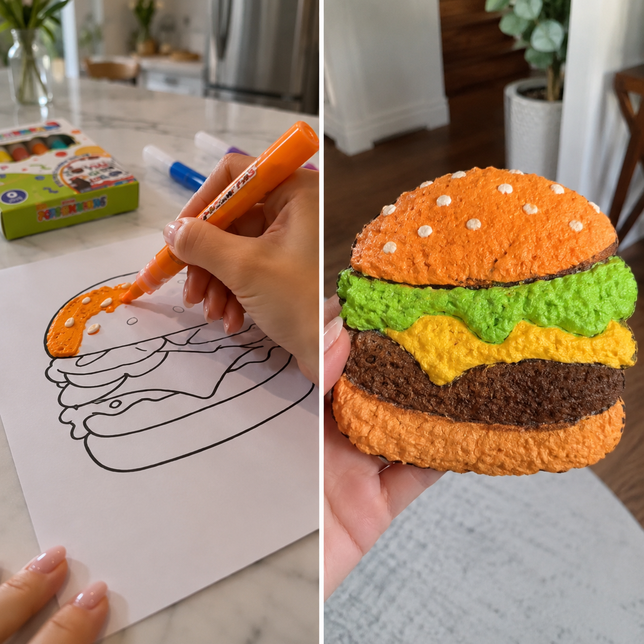 3D burger coloring and finished burger craft project