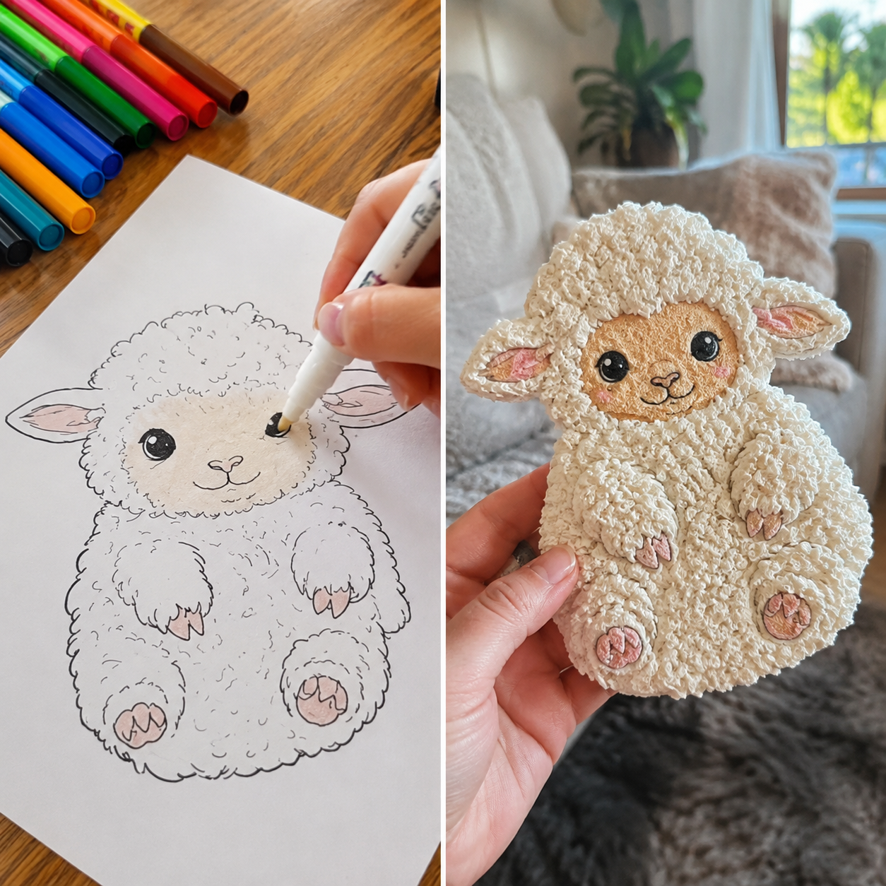 3D fluffy lamb drawing and finished lamb craft project