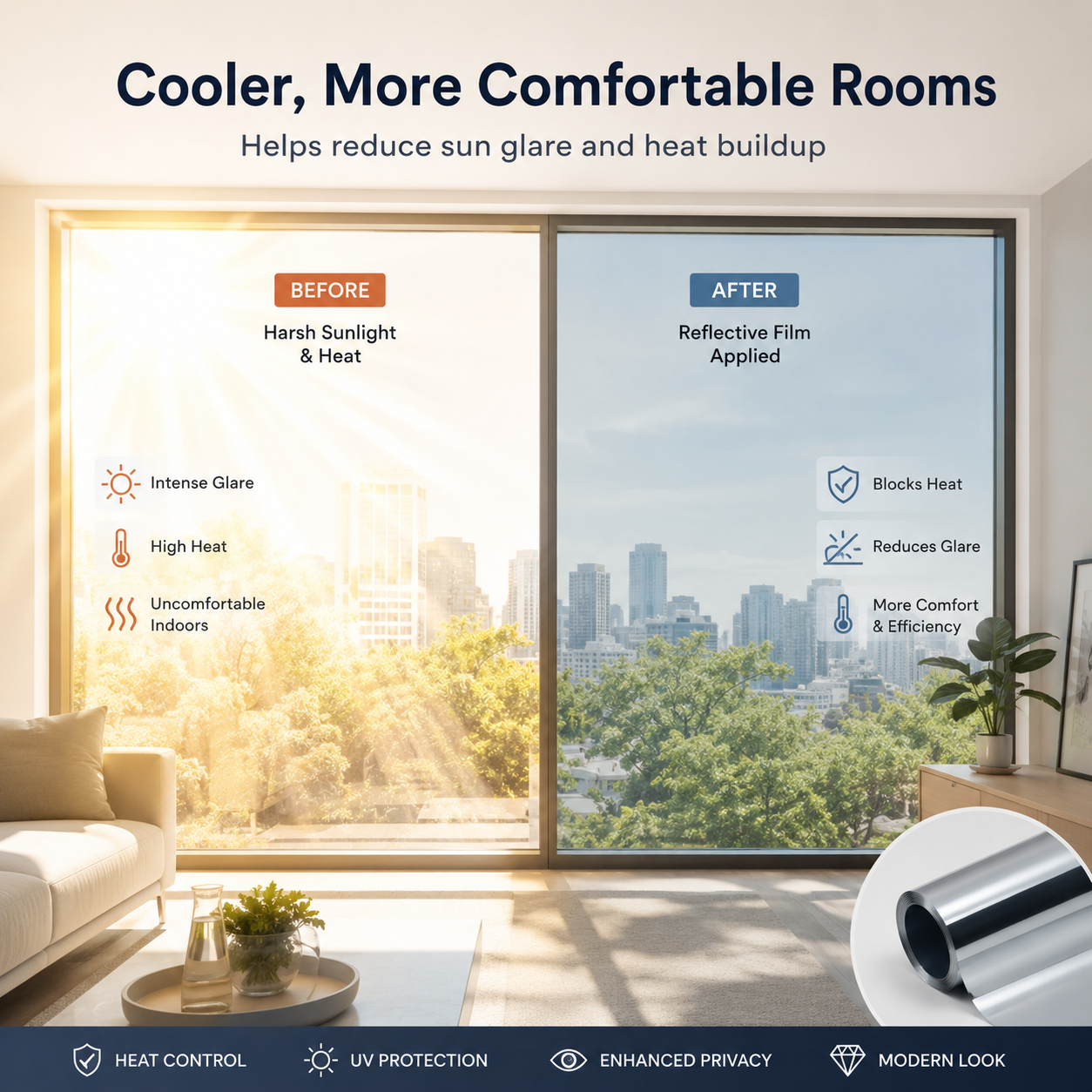 ☀️50% OFF Today - Reflective Window Privacy Film| Daytime Mirror Window Tint for Heat Control, UV Protection, Home, Office & Car Glass
