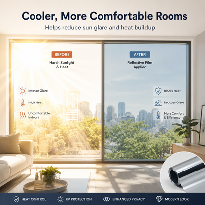 ☀️50% OFF Today - Reflective Window Privacy Film| Daytime Mirror Window Tint for Heat Control, UV Protection, Home, Office & Car Glass