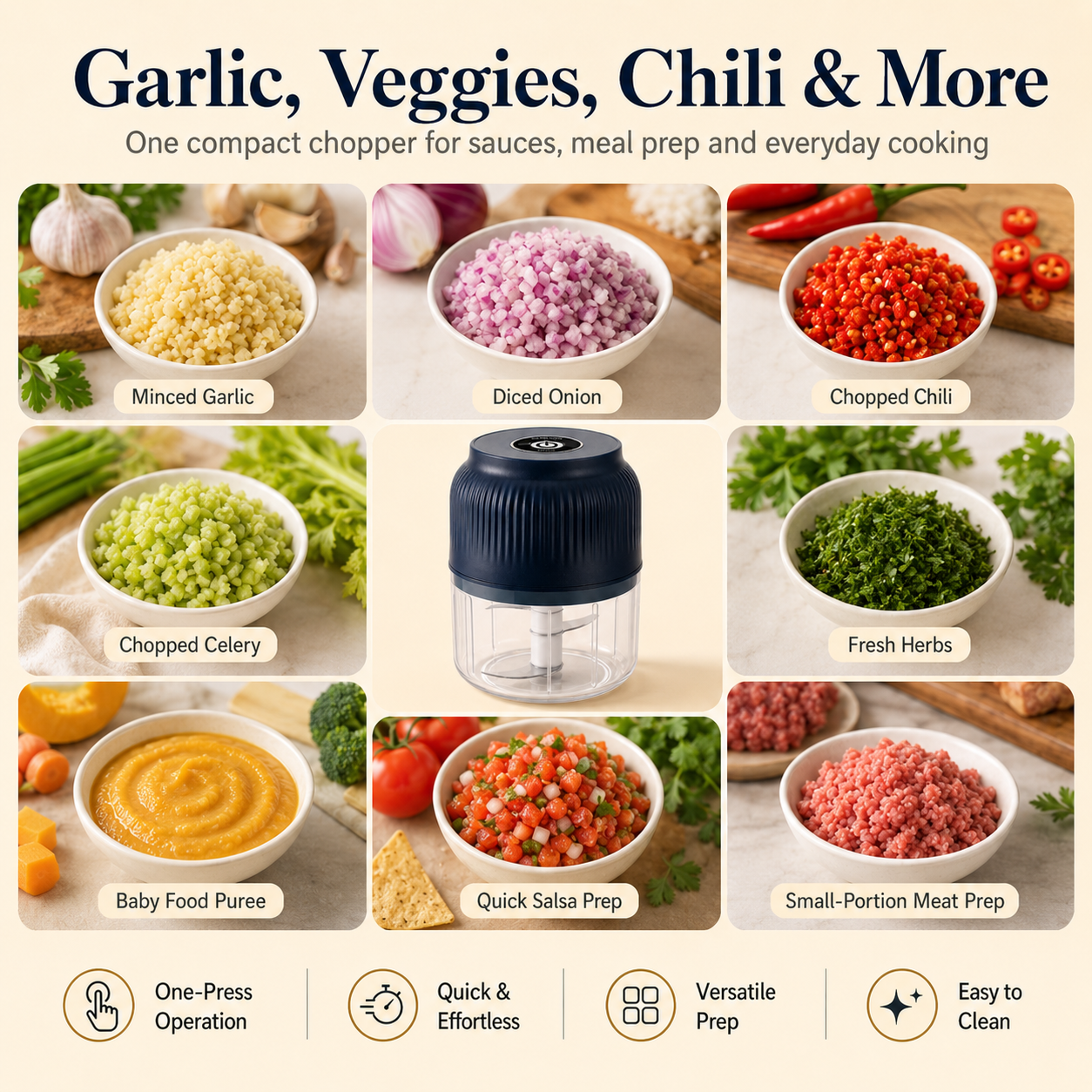 ✋🤩 Stop Chopping by Hand | 𝐍𝐞𝐜𝐭𝐚𝐯𝐢𝐫𝐚® Mini Electric Food Chopper 1-Press Garlic, Onion & Veggie Cutter – Ready in Seconds ⚡