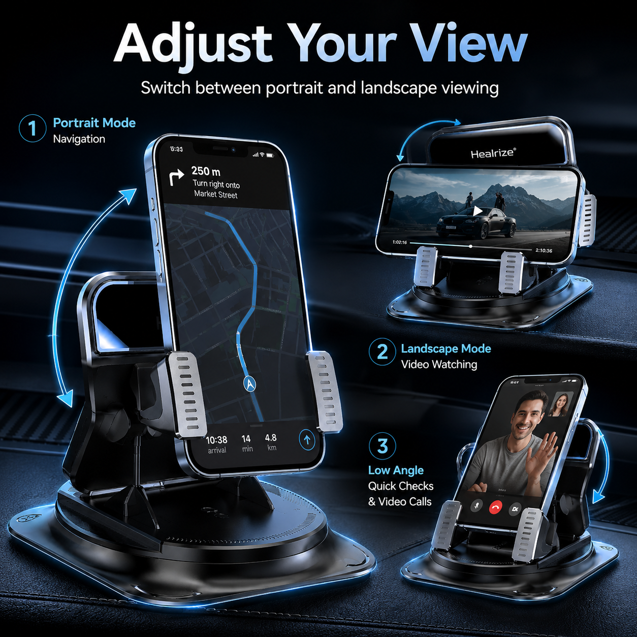 💎Mechanical 360° Rotating Car Phone Holder | Strong Suction Dashboard Mount for iPhone & Android Navigation🚘