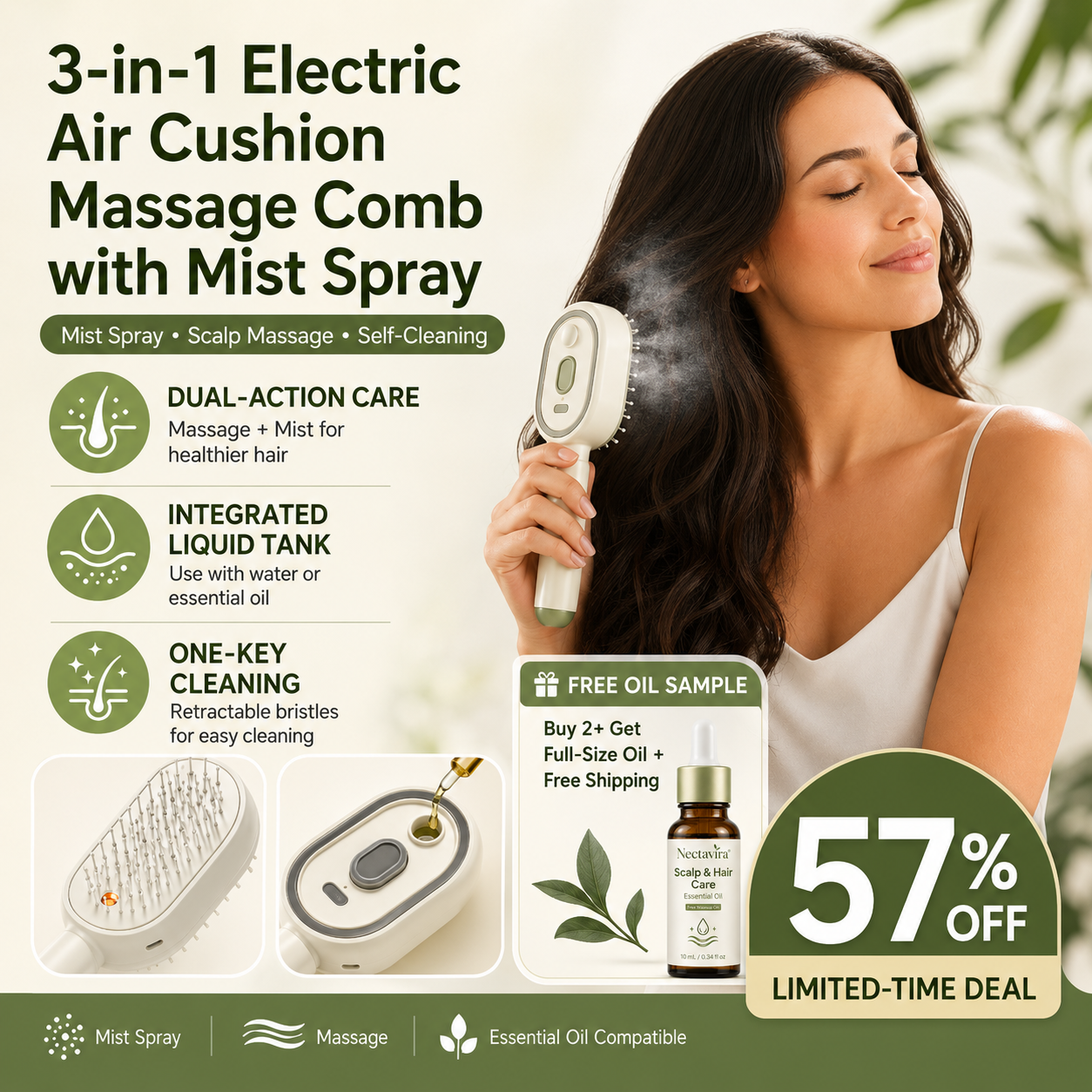 Nectavira® 3-in-1 Electric Air Cushion Massage Comb with Mist Spray, Self-Cleaning Steam and Essential Oil Function, Rechargeable Scalp Massage Brush🔥