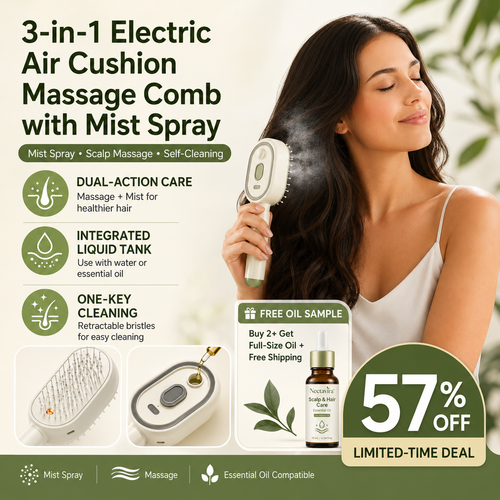 Nectavira® 3-in-1 Electric Air Cushion Massage Comb with Mist Spray, Self-Cleaning Steam and Essential Oil Function, Rechargeable Scalp Massage Brush🔥