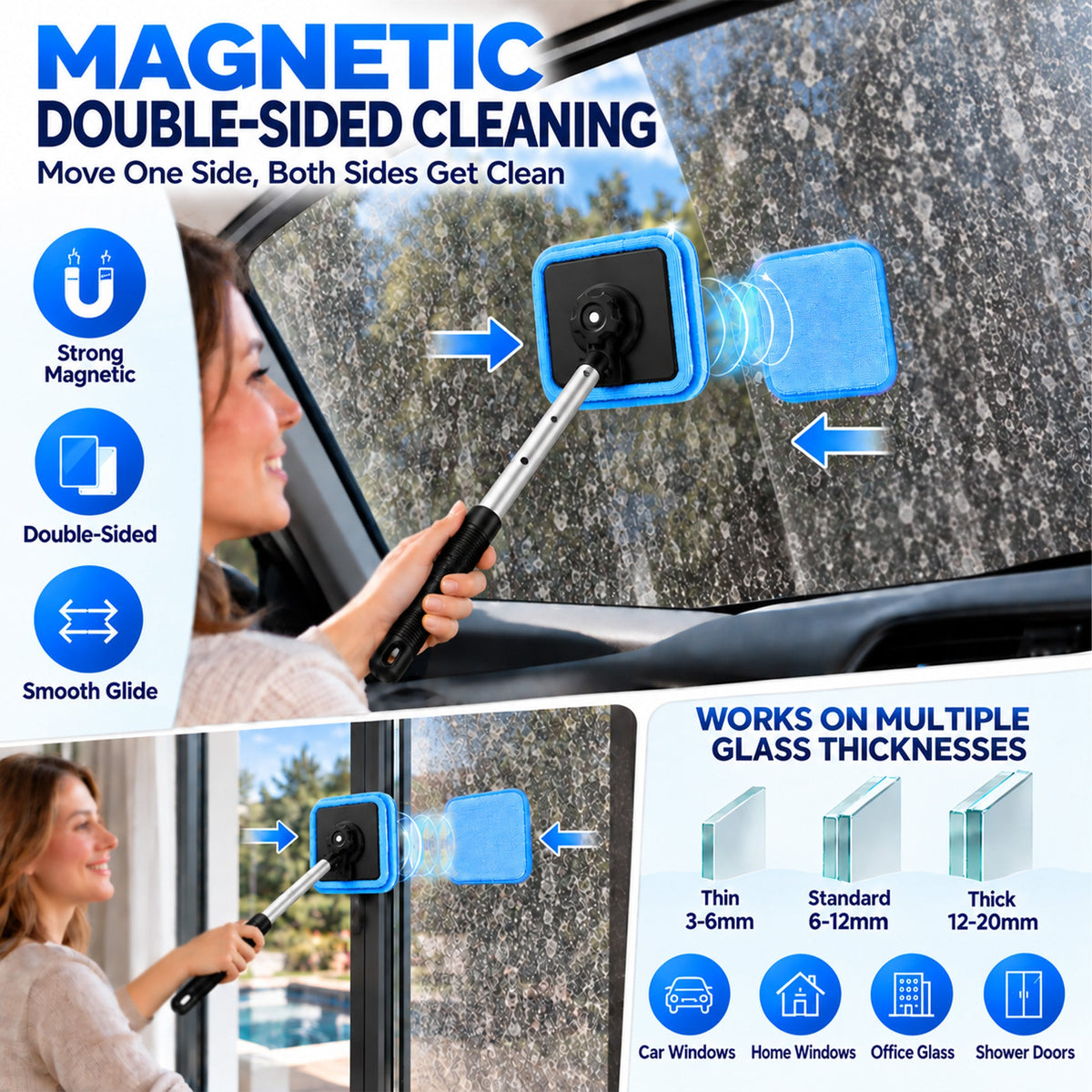 All-In-One Magnetic Glass Cleaner — Dual-Side Cleaning, Washable Pads & Versatile Home and Car Use | One Kit. Cleaner Glass. Less Effort. 💎