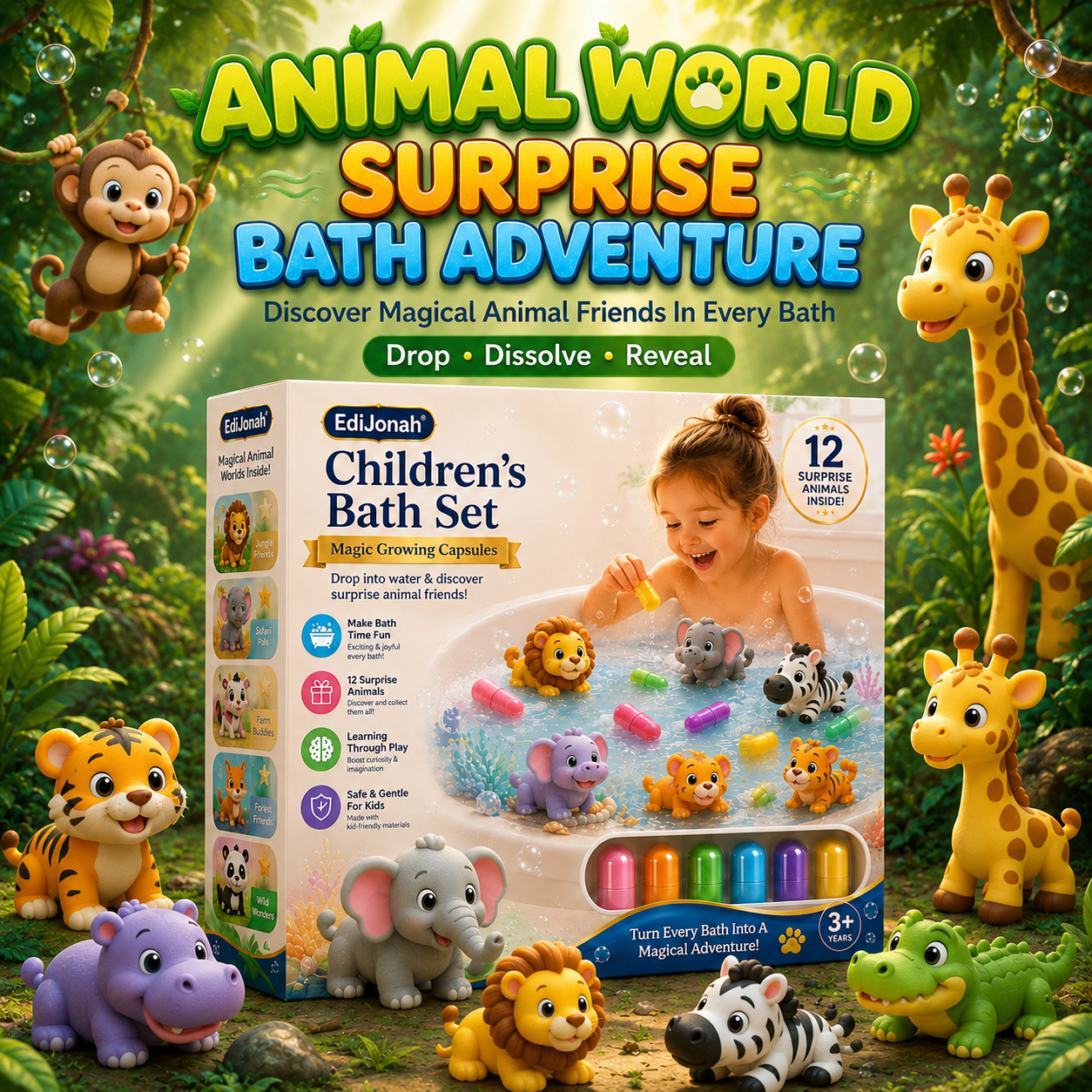 EdiJonah® Kids Bath Set – Magic Animal Capsules for Learning & Play (Turn Bath Time Into a Fun Discovery Adventure)
