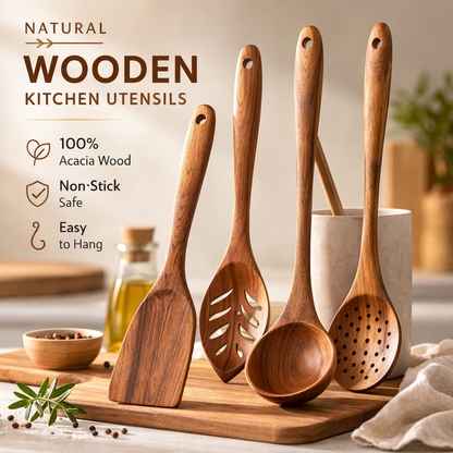 🥄 Natural Acacia Wooden Utensil Set – 4-Piece Non-Stick Cooking Spatula & Spoon for Kitchen & Dining