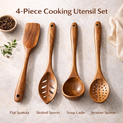 🥄 Natural Acacia Wooden Utensil Set – 4-Piece Non-Stick Cooking Spatula & Spoon for Kitchen & Dining