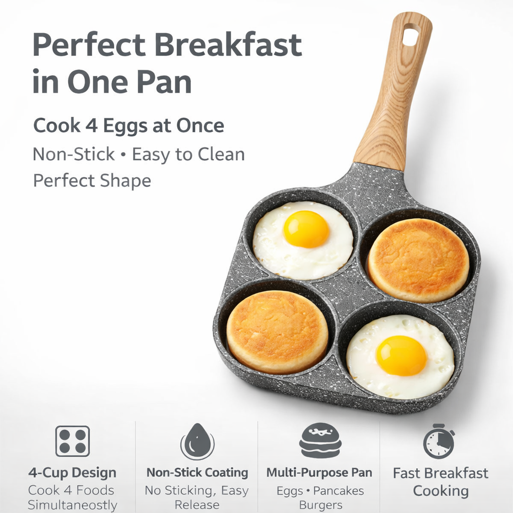 🥚 4-Cavity Nonstick Breakfast Pan – Easy-Cook Frying Pan for Eggs, Pancakes & Sandwiches