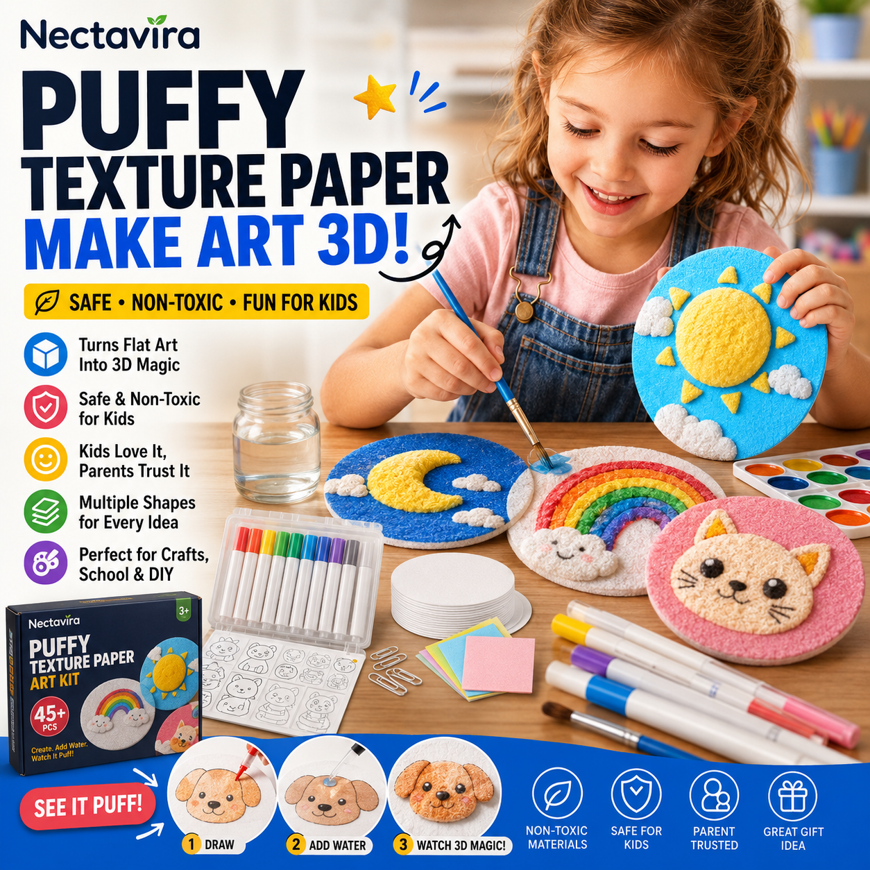 🎨 Nectavira® 3D Puffy Art Kit with Paints, Pen & Palette