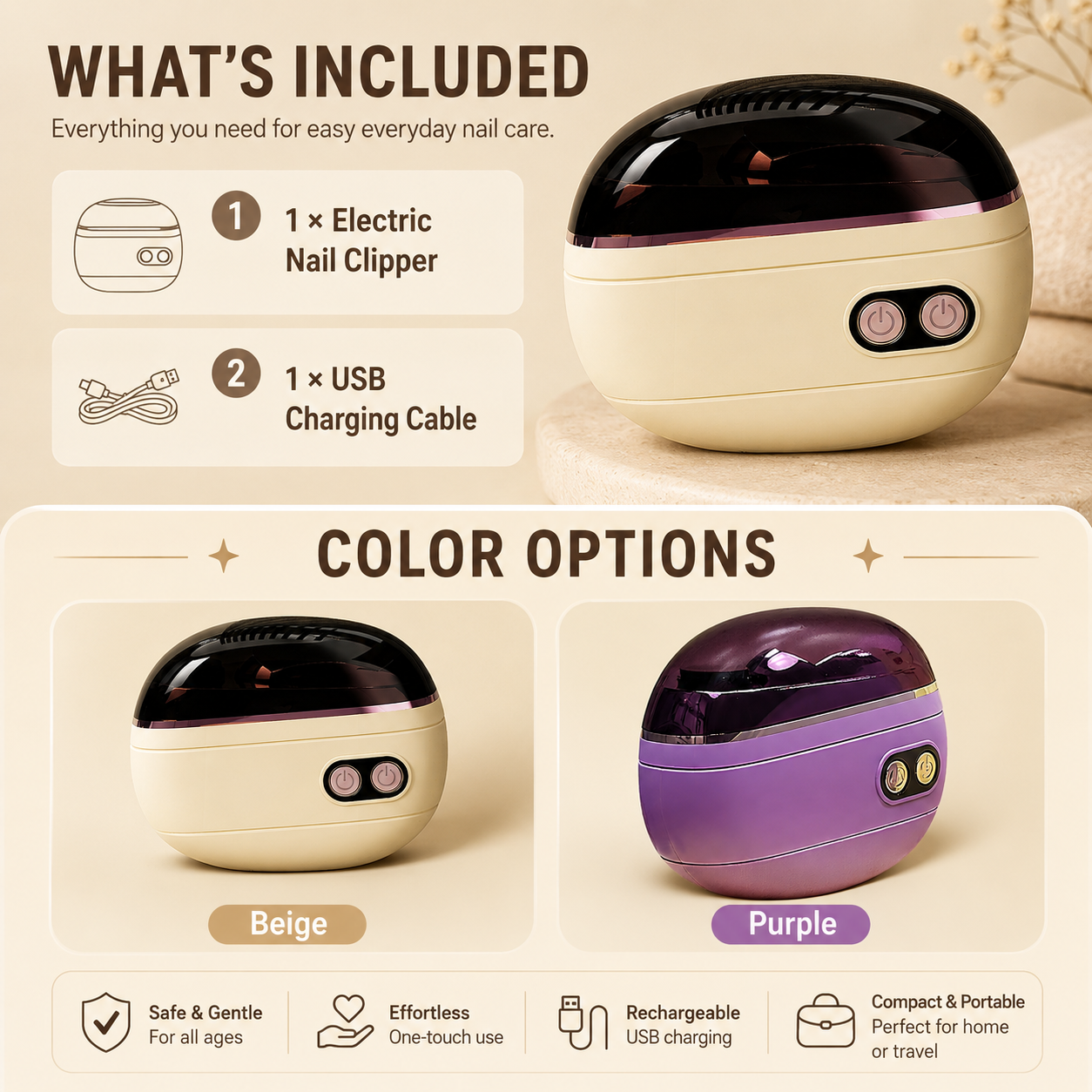 Electric nail clipper package contents and color options