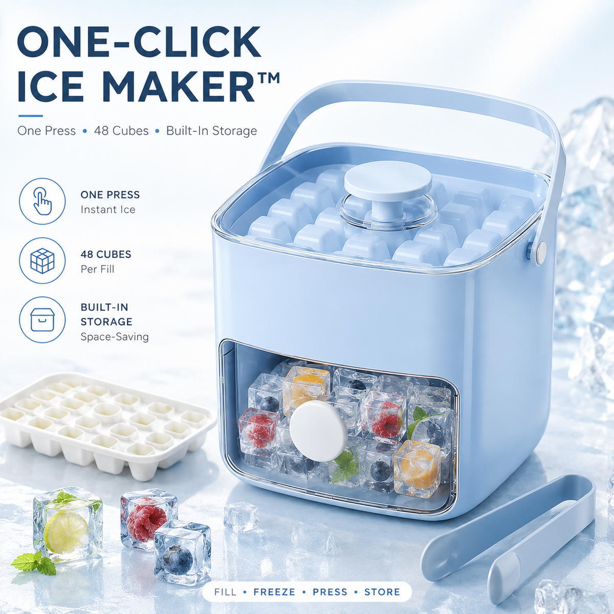 Nectavira® One-Click Ice Cube Maker with Storage Bin | Easy Release, Space-Saving Design