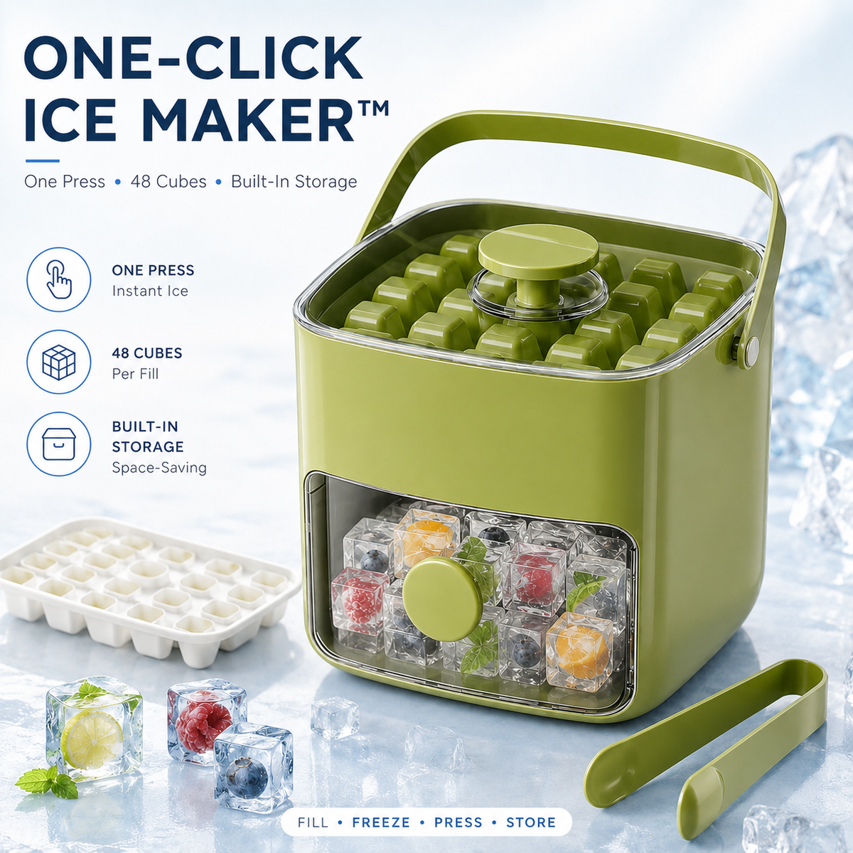 Nectavira® One-Click Ice Cube Maker with Storage Bin | Easy Release, Space-Saving Design