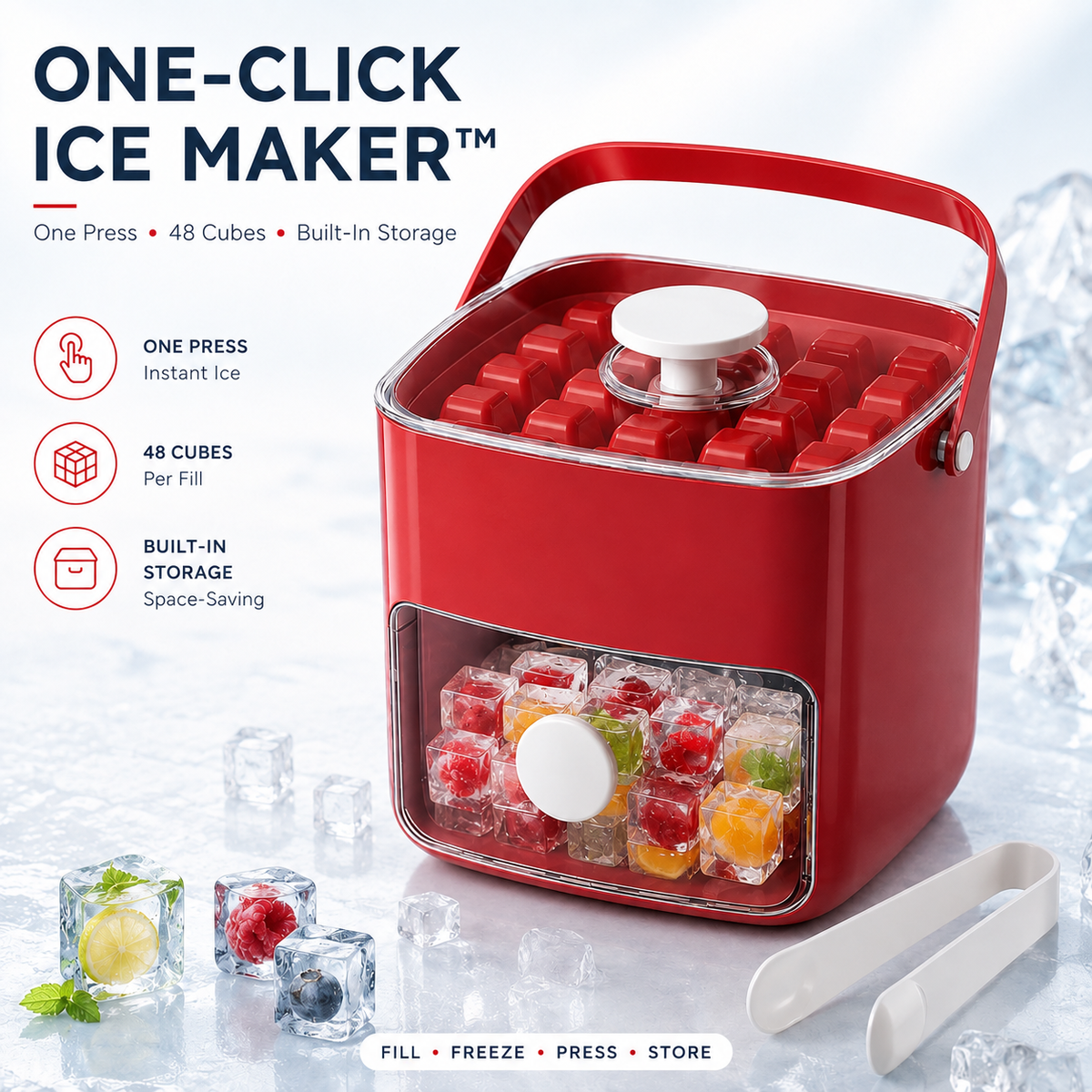 Nectavira® One-Click Ice Cube Maker with Storage Bin | Easy Release, Space-Saving Design