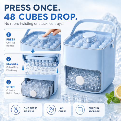 Nectavira® One-Click Ice Cube Maker with Storage Bin | Easy Release, Space-Saving Design