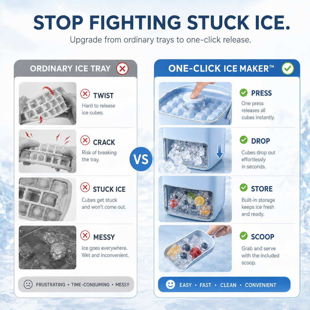 Nectavira® One-Click Ice Cube Maker with Storage Bin | Easy Release, Space-Saving Design