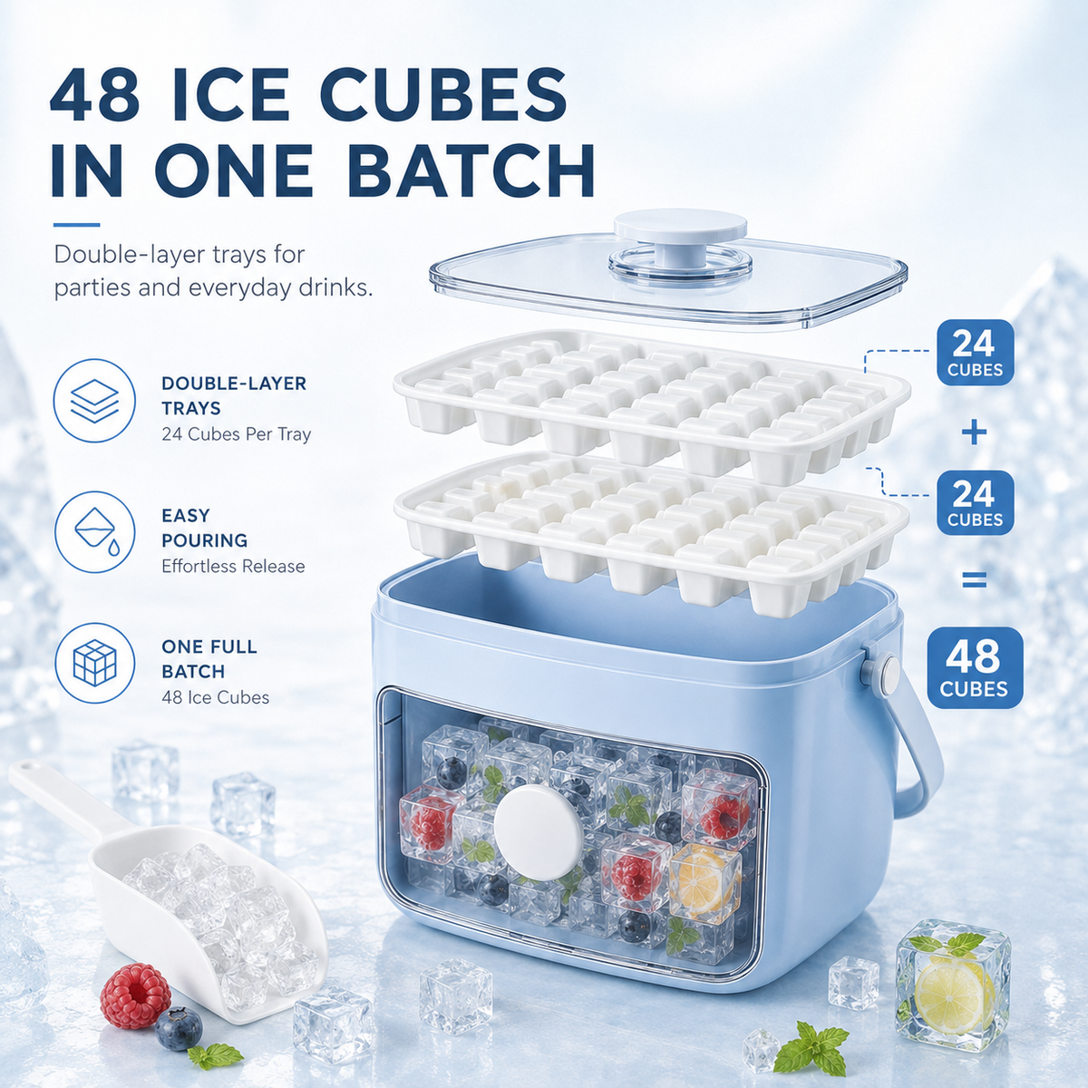 Nectavira® One-Click Ice Cube Maker with Storage Bin | Easy Release, Space-Saving Design