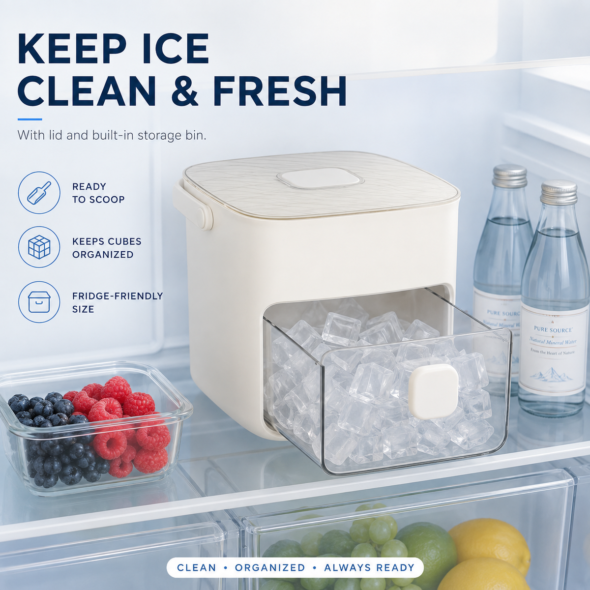 Nectavira® One-Click Ice Cube Maker with Storage Bin | Easy Release, Space-Saving Design