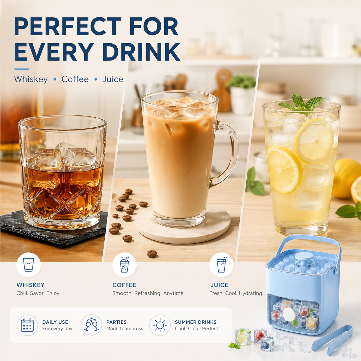 Nectavira® One-Click Ice Cube Maker with Storage Bin | Easy Release, Space-Saving Design