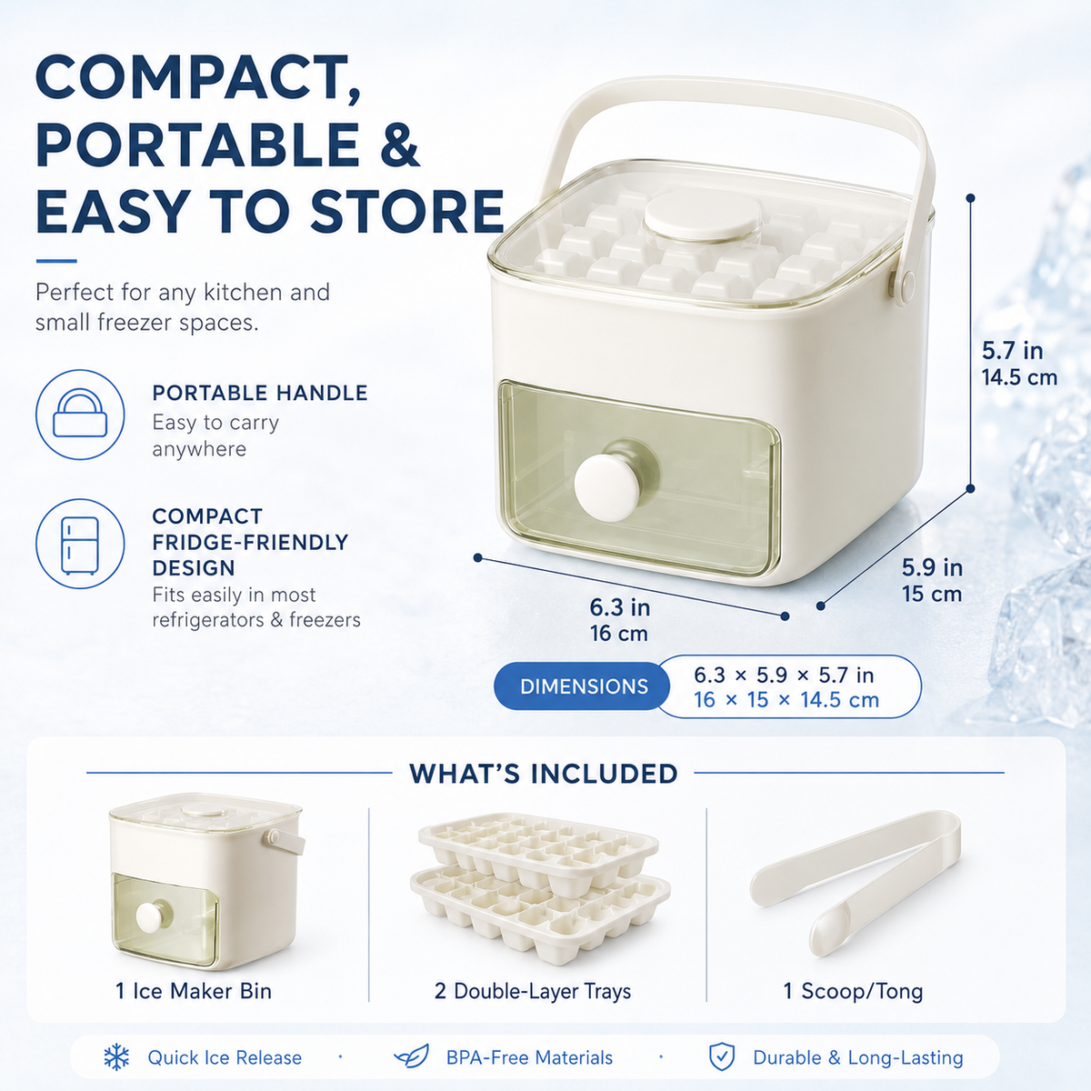 Nectavira® One-Click Ice Cube Maker with Storage Bin | Easy Release, Space-Saving Design