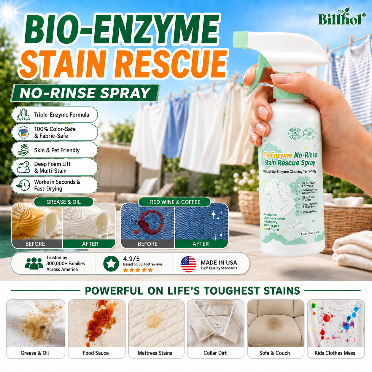 Billhol® Bio-Enzyme No-Rinse Stain Rescue Spray