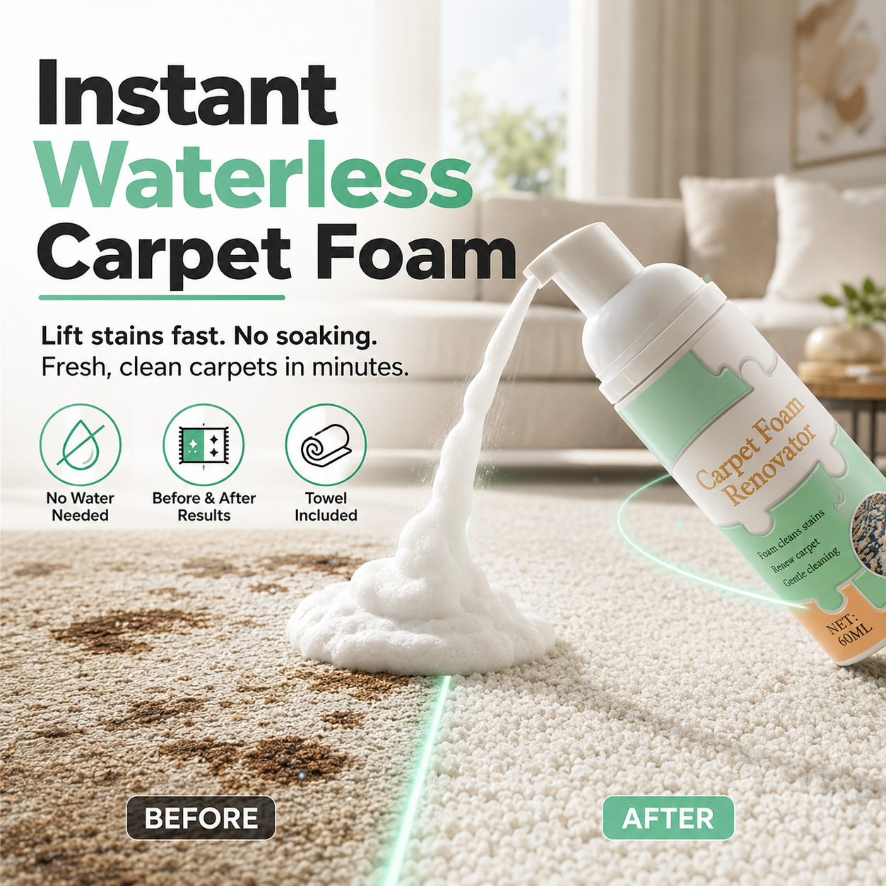 🧼 Nectavira® Waterless Carpet Foam Stain Remover – Lift Spots Fast with Cleaning Towel ✨