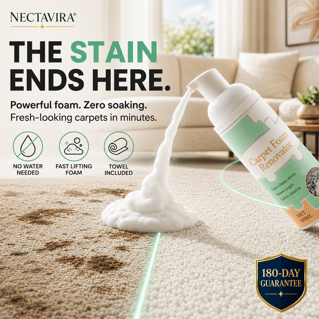 🧼 Nectavira® Waterless Carpet Foam Stain Remover – Lift Spots Fast with Cleaning Towel ✨