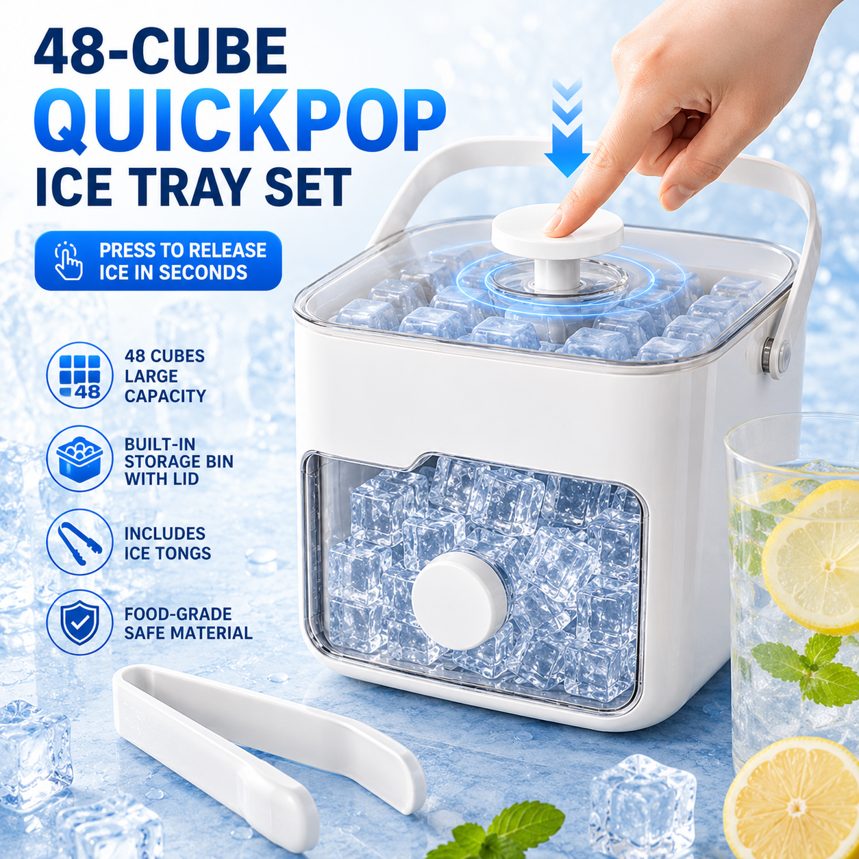 Nectavira® QuickPop 48-Cube Press-to-Release Ice Tray Set with Lid