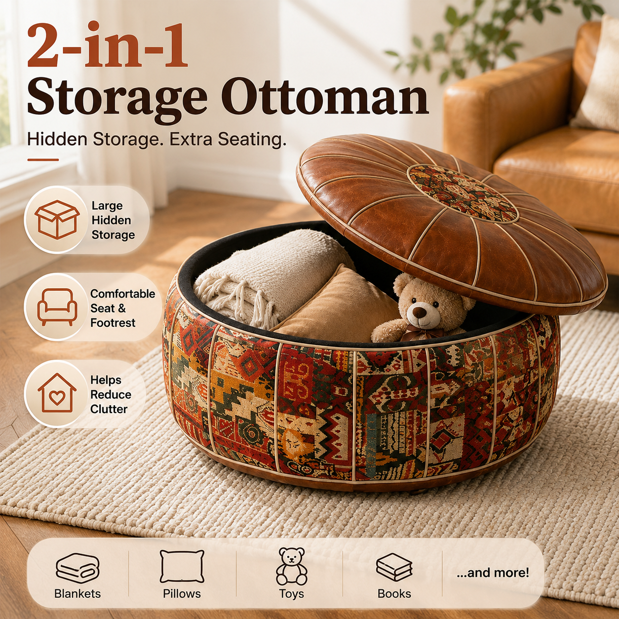 🔥 Limited-Time Offer | 2-in-1 Storage Ottoman – Elegant Seating with Spacious Hidden Storage