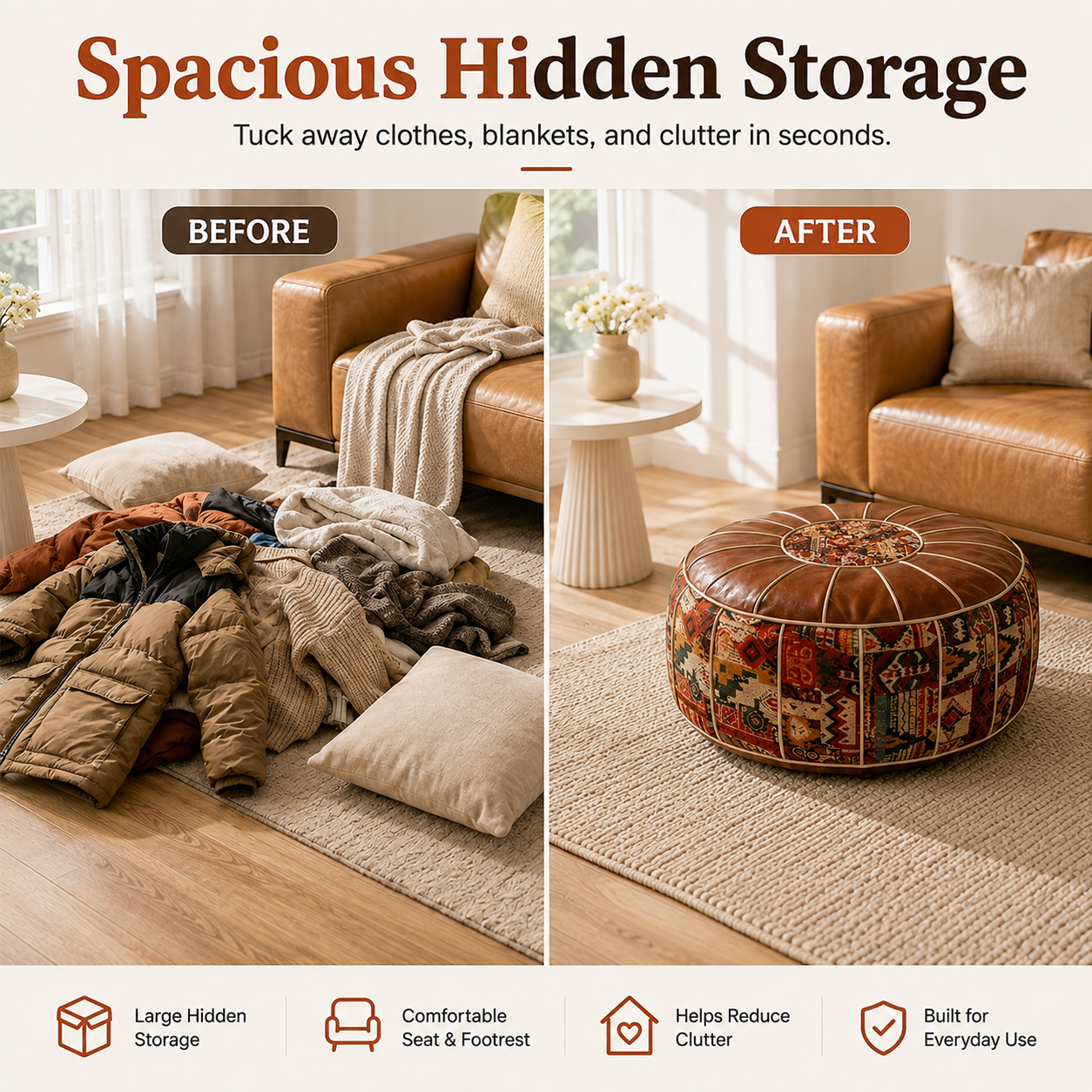 🔥 Limited-Time Offer | 2-in-1 Storage Ottoman – Elegant Seating with Spacious Hidden Storage