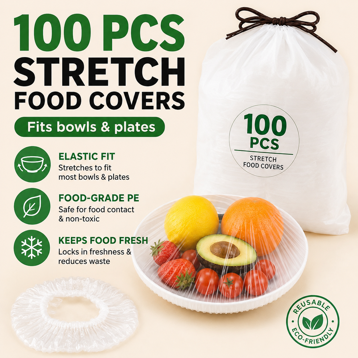 Nectavira® 100-Piece Stretch Food Covers – Elastic Bowl & Plate Covers for Leftovers, Produce & Everyday Food Storage