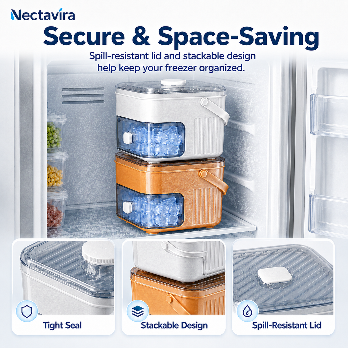 🧊 Nectavira® 2-in-1 Ice Cube Tray with Storage Bin