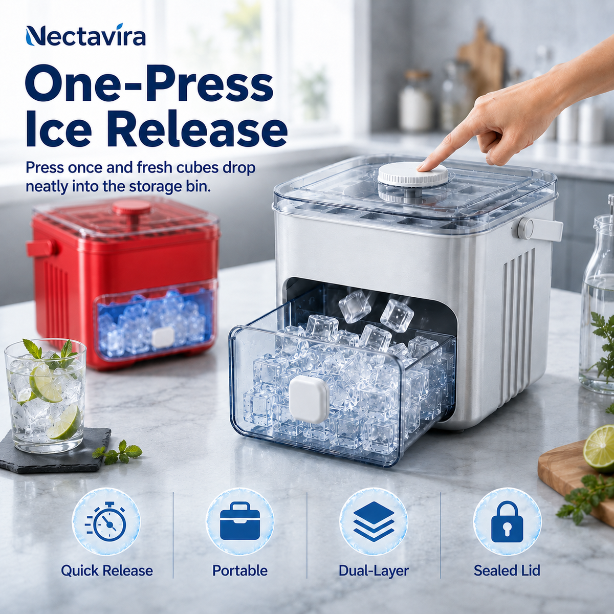 🧊 Nectavira® 2-in-1 Ice Cube Tray with Storage Bin