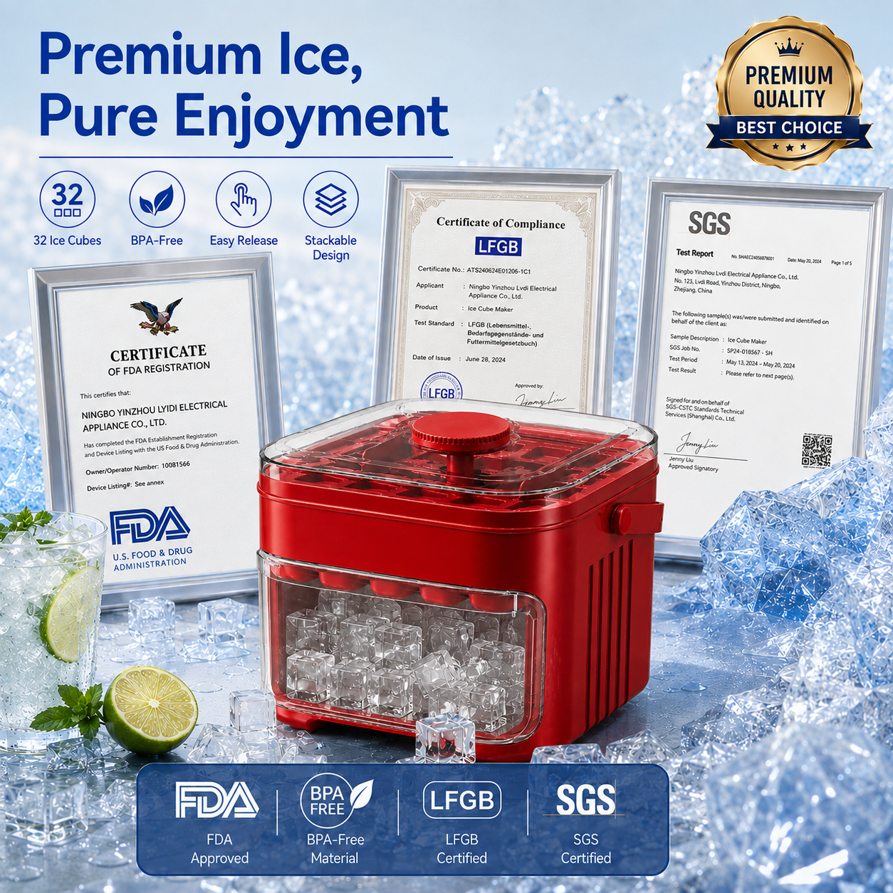 Premium ice maker with FDA registration, LFGB compliance, SGS testing and BPA-free material