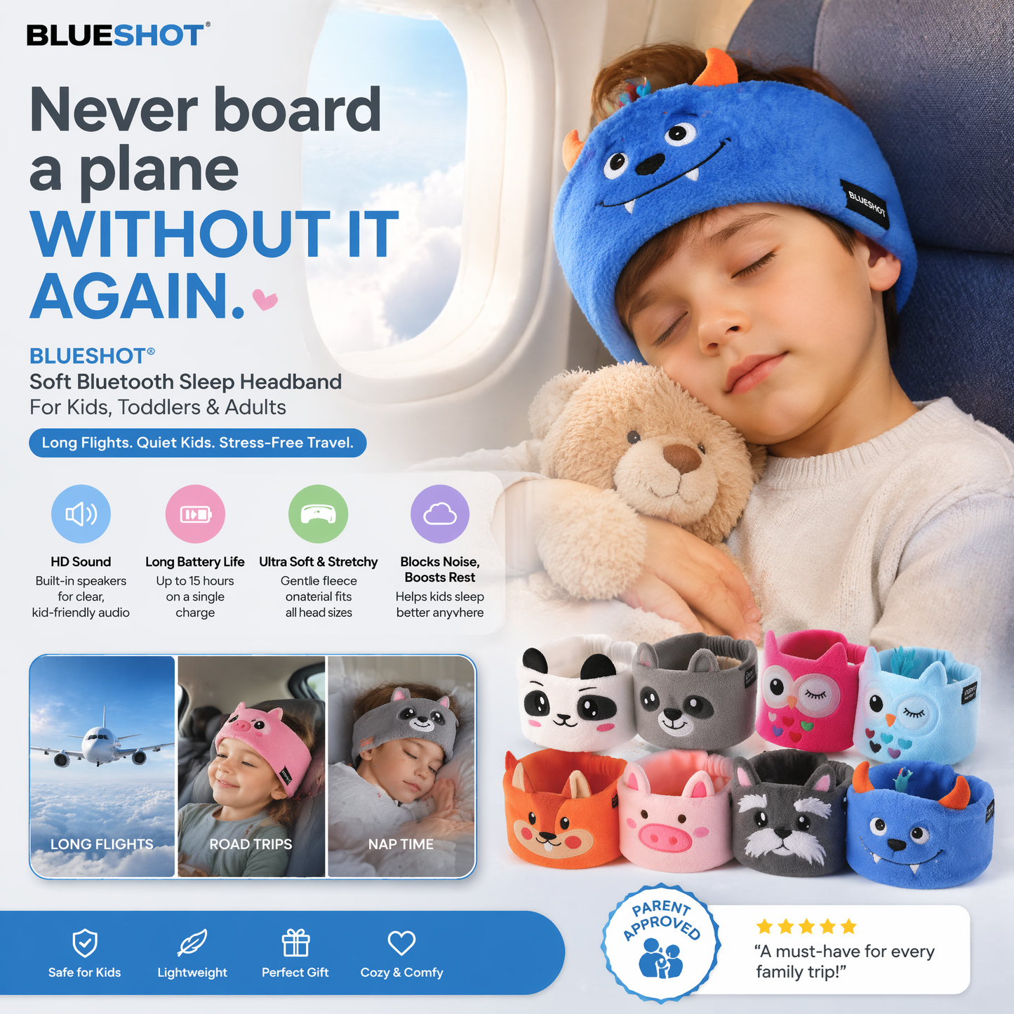 Nectavira® 🔥 Soft Bluetooth Sleep Headband For Kids, Toddlers & Adults Long Flights. Quiet Kids. Stress-Free Travel.