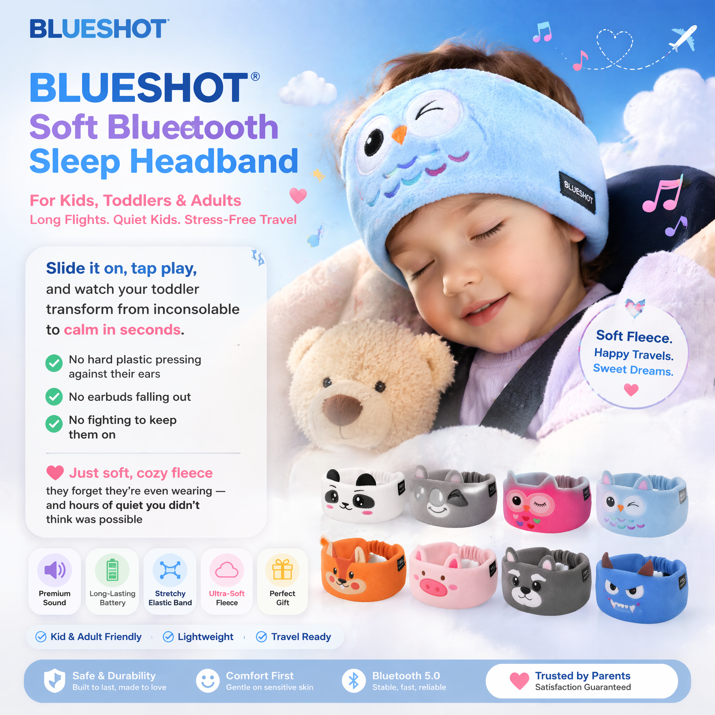 Nectavira® 🔥 Soft Bluetooth Sleep Headband For Kids, Toddlers & Adults Long Flights. Quiet Kids. Stress-Free Travel.