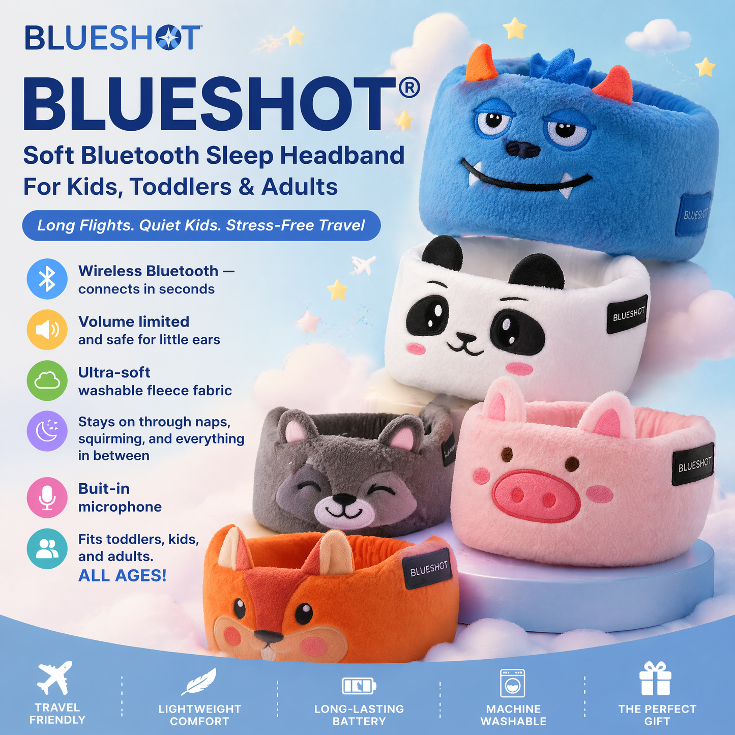 Nectavira® 🔥 Soft Bluetooth Sleep Headband For Kids, Toddlers & Adults Long Flights. Quiet Kids. Stress-Free Travel.