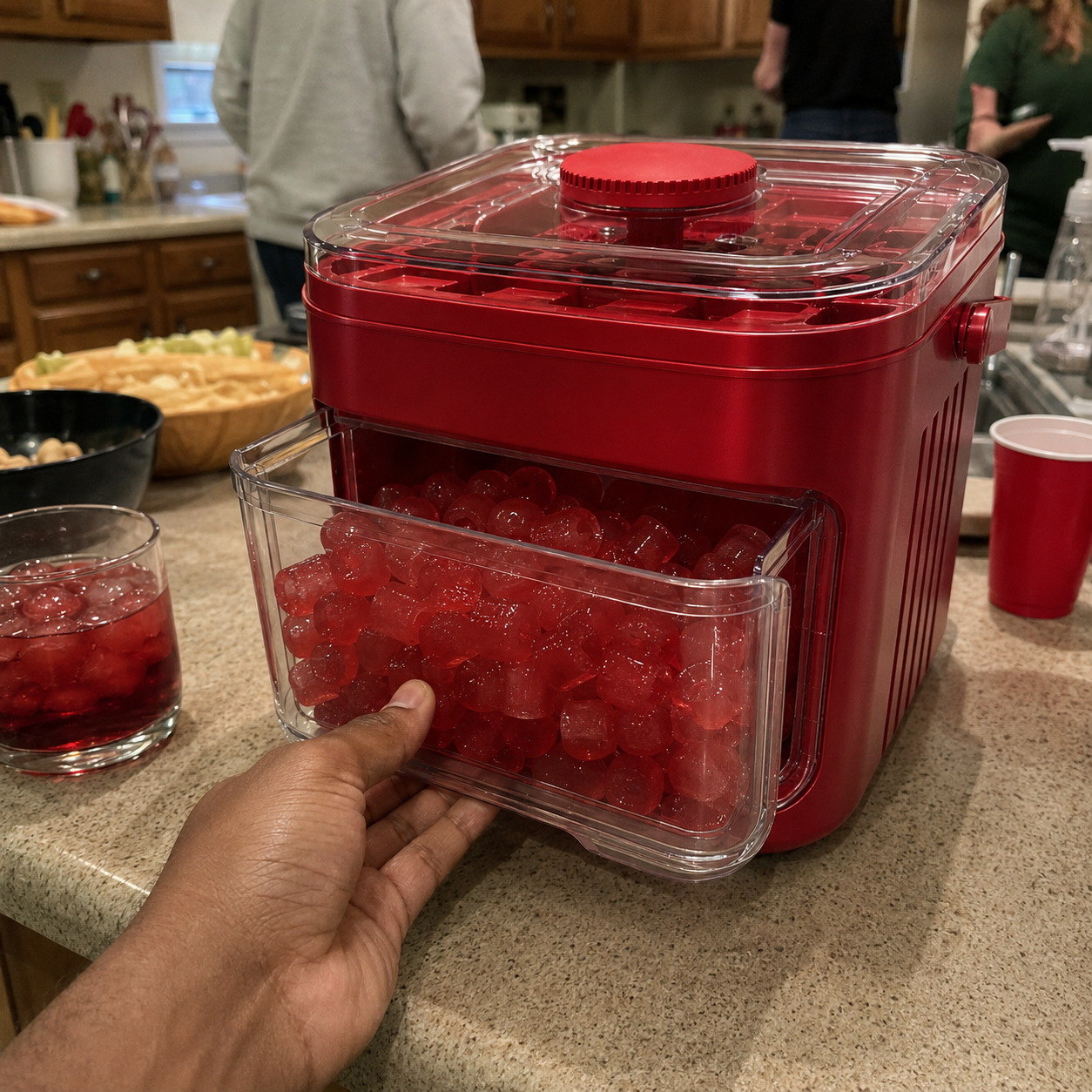 Customer photo of the coral red covered ice tray box with the drawer open beside a red drink