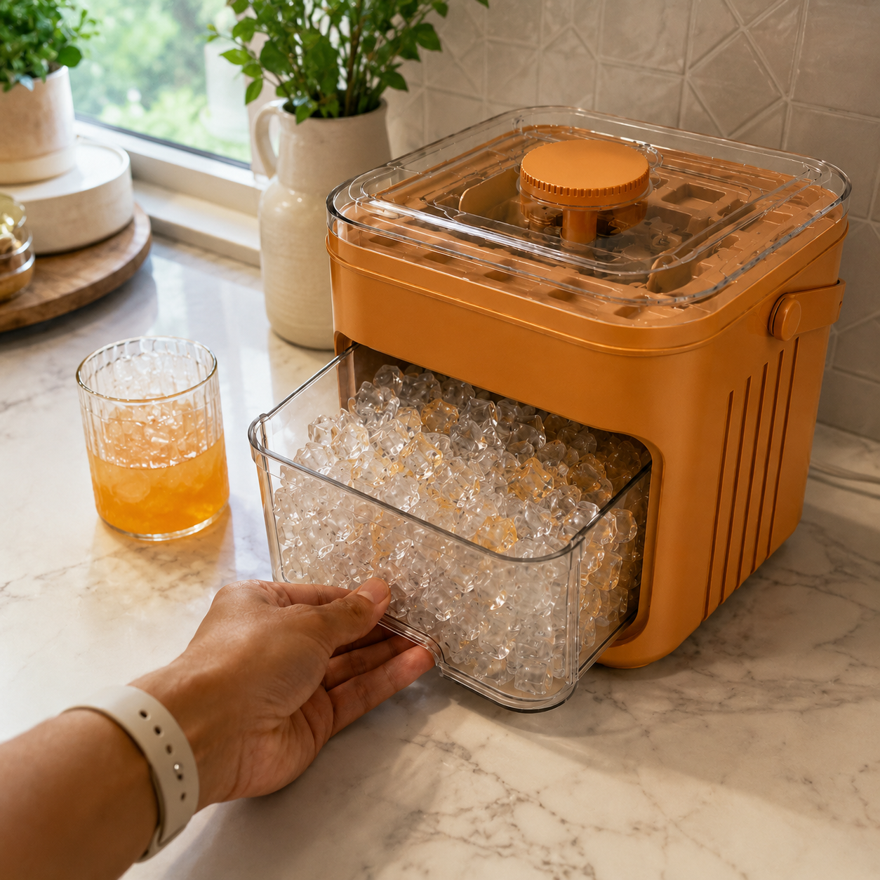 Customer photo of the orange covered ice tray box on a marble kitchen counter with the drawer open